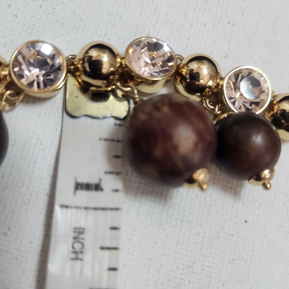 Kate Spade Gold Tone Wood Bead Crystal Statement Necklace Brown Mixed Media‎ Bib